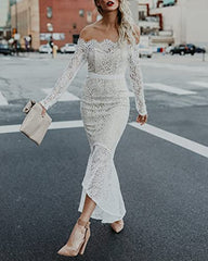 Women Sexy Lace Derss Long Sleeve V Neck Lace Fishtail Skirt Bodycon Club Evening Midi Dress