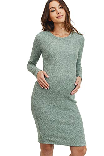 HELLO MIZ Women's Knit Ribbed Maternity Dress with Long Sleeve