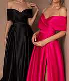 Off Shoulder Long Satin Prom Dresses A-line with Split Pockets Formal and Evening Ball Gowns