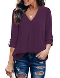 Magenta Womens 3/4 Cuffed Sleeve Chiffon Printed V Neck Casual Blouse Shirt Tops - Youtalia | Women's Tops and Blouses