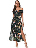 Green Leaf Women's Boho Floral Print Off Shoulder Split Long A Line Dress - Floerns | Women's Formal Dresses