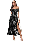 Black White Dots Women's Boho Floral Print Off Shoulder Split Long A Line Dress - Floerns | Women's Formal Dresses