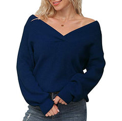 Feiersi Women's Off Shoulder Sweater V-Neck Long Sleeve Loose Pullover Knit Jumper