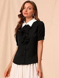 Women's Contrast Collar Tie Ruffle Front Button Short Sleeve Work Shirt | Original Brand