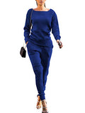 Womens Fall Rib-Knit Long Sleeve Pullover Sweater Top Drawstring Long Pants Set Two Piece Outfits Workout Tracksuit