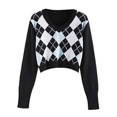 ZAFUL Women Crop Sweaters,  V Neck Argyle Jumper Pullover Long Sleeve Knitted Preppy Style Knitwear Tops