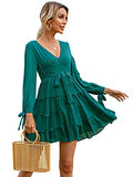 R.Vivimos Women's Cotton Fall Long Sleeves V Neck Tie Waist Casual Layered Ruffles Mini Swing Dresses | Women's Casual Dresses
