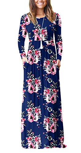 Print Navy Casual Short/Long Sleeve Maxi Dress with Pockets - HAOMEILI