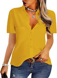 Yellow Womens Casual Button Down Shirts V Neck Chiffon Long Sleeve Collared Office Work Blouses Tops with Pocket - AISEW | Women's Tops and Blouses