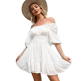 Womens Lantern Sleeve Tie Back Dress Ruffled Off Shoulder A-line Vintage Mini Dress | Women's Lace Dresses
