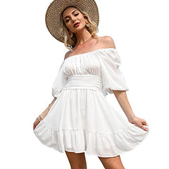 Womens Lantern Sleeve Tie Back Dress Ruffled Off Shoulder A-line Vintage Mini Dress