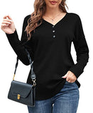 WNEEDU Women's Waffle Knit Tunic Tops Loose Long Sleeve Button Up V Neck Henley Shirts (Y Black,M) | Women's Sweaters