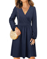 STYLEWORD Women's V Neck Long Puff Sleeve Casual Swing Midi Dress with Pocket