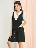 Women's V Neck Button Suspender Casual Mini Overalls Pinafore Dress with Pockets | Original Brand