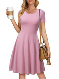 Pink Spring/Summer Casual Women Short Sleeve Round Neck A Line Fit and Flare Midi Skater Dress - HUHOT | Women's Casual Dresses