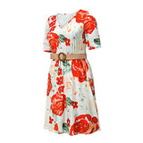 Summer Dresses for Women, Ladies's Fashion Sexy Slim V-Neck High Waist Short Sleeve Printed Dress with Belt Party UK Size | Women's Work Dresses