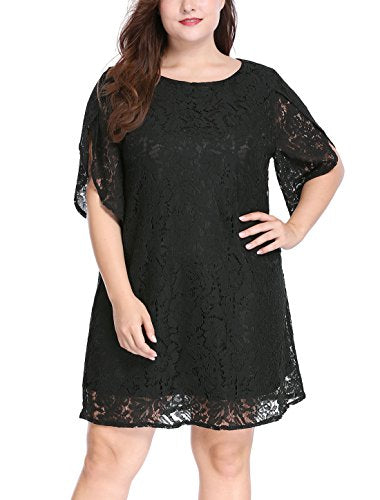 Women Plus Size Dresses Tulip Sleeves Hollow Floral Lace Shift Dress Valentines