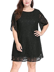 Women Plus Size Dresses Tulip Sleeves Hollow Floral Lace Shift Dress Valentines