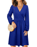 Women's V Neck Long Puff Sleeve Casual Swing Midi Dress with Pocket