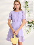 Women's Elegant Short Sheer Sleeve Ruffle Hem Swiss Dots Chiffon Dress