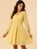 Women's Elastic Waist V Neck 3/4 Sleeve A-line Solid Flowy Chiffon Dress