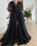 Starry Tulle Prom Dresses Puffy Sleeve Ball Gowns Sparkle Long Formal Evening Dresses with Slit