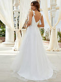 Open Back V Neck A-line Lace Bodice Tulle Wedding Dress for Women  - Sara Clothes