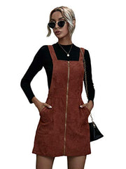 Verdusa Women's Zip Up Pocketed A Line Pinafore Corduroy Overall Dress