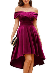 Wine Red Velvet Off Shoulder High Low A Line Wedding Guest Party Cocktail Dress - JASAMBAC