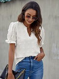 Womens Puff Sleeve Summer Tops Chiffon Short Sleeve Blouses White V Neck Pom Pom Shirts | Original Brand | Women's Tops and Blouses