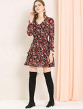 Women's Floral V Neck Long Sleeve Tie Waist Layered Ruffle Hem Dress