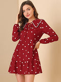 Women's Valentine's Day Heart Pattern Doll Collar Lace Decor Long Sleeve Dress | Original Brand