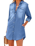 Womens Button Down Denim Shirt Dresses Long Sleeve Casul Tunic Tops | Original Brand | Women's Tops and Blouses