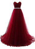 Women's Strapless Prom Dress Tulle Princess Evening Gowns with Rhinestone Beaded Belt