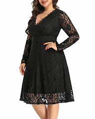 Women Plus Size Floral Lace V Neck Long Sleeve Knee Length Wedding Guest Cocktail Dress