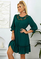 Women's Dress A-line Lace Ruffle 3/4 Sleeve Polka Dots Chiffon Casual Tunic Dress | Women's Evening Gowns