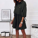 Spring Summer Ladies Lapel Solid 3/4 Sleeve Drawstring Dress Bodycon Dress Office Wear for Casual Club Cocktail Evening Gowns Work UK Size 8-26 | Women's Work Dresses