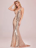 Women's Deep V-Neck Halter Backless Maxi Sequin Mermaid Wedding Guest Dresses  - Sara Clothes