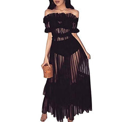 Women Sexy Lace Off Shoulder Mesh See Through Long Pleated Maxi Dress Club Party Gown