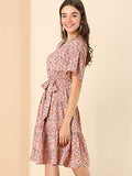 Women's Ruffle Hem Elastic Tie V Neck Bell Sleeve Floral Dress | Original Brand