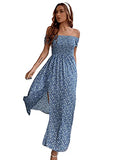 Blue Floral Multi Women's Boho Floral Print Off Shoulder Split Long A Line Dress - Floerns | Women's Formal Dresses