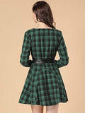 Women's Plaids Long Sleeves Button Down Belted Party Mini A-Line Shirt Dress