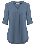 Blue Grey Womens 3/4 Cuffed Sleeve Chiffon Printed V Neck Casual Blouse Shirt Tops - Youtalia | Women's Tops and Blouses