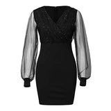 Sexy Sequins Dresses For Women, V Neck Long Sleeve Layered Retro Dress Lightweight Comfy Night Party Gowns | Women's Casual Dresses