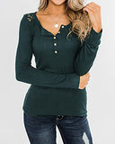 BTFBM Women Long Sleeve V Neck Button Up Solid Tops Blouses Trendy Slim Fit Lace Sleeves Ribbed Knit Casual Shirts Tunic (Hollow Out Dark Green, Small) | Women's Casual Dresses