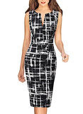 Black And White Geometric Print Womens Front Zipper Slim Work Office Business Cocktail Party Pencil Dress Vfshow | Women's Work Dresses
