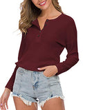 WNEEDU Women's Long Sleeve Waffle Knit Tunic Blouse Casual Button Up Henley Shirts Plain Tops Wine Red M | Women's Sweaters
