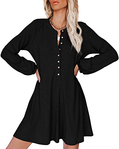 iGENJUN Women's Long Sleeves V-Neck Button Down Knit Rib Swing Tunic Henley Mini Dresses with Pockets