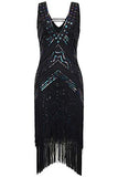 1920s Flapper Dress V Neck Sequin Beaded Dress Roaring 20s Gatsby Fringe Party Dress