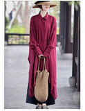 Women's Casual Cotton Linen High Low Irregular Hem Plus Size Long Button Down Shirt Dresses